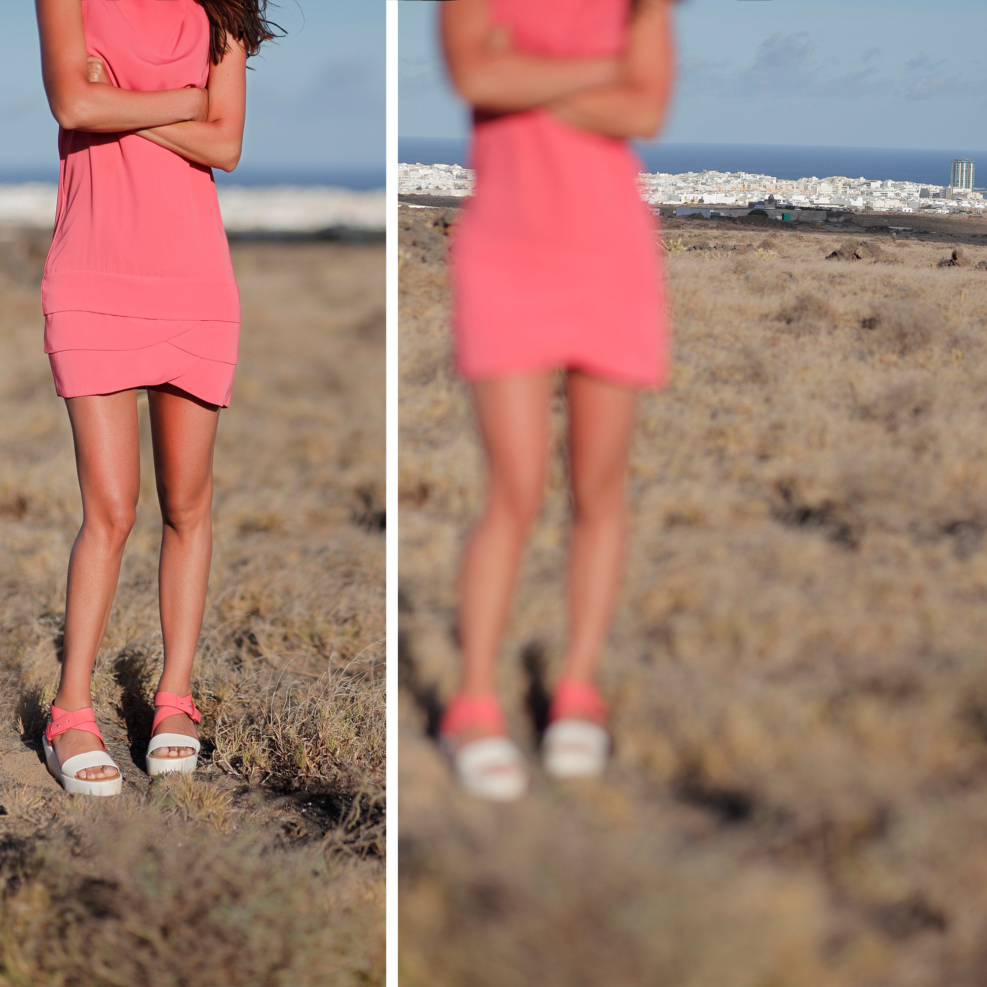Lanzarote modella indossa sandali rosa e bianchi sullo sfondo deserto e mare